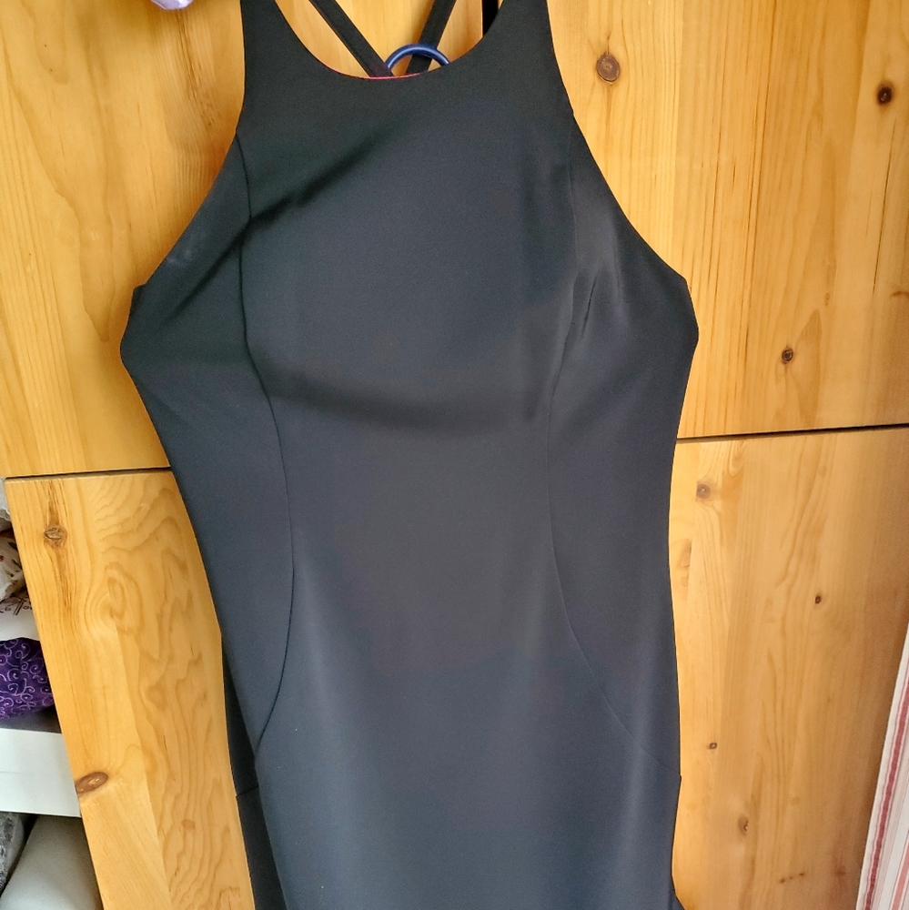 Joseph Ribkoff Black  Pink Satin Lined Ruffle Hem Cocktail Dress Size 8